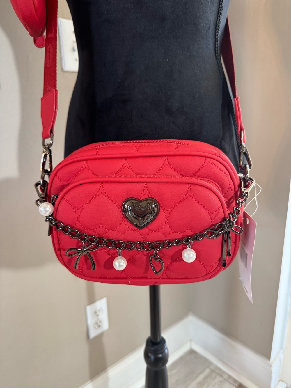 Betsey Johnson Red Quilted Heart Charm Crossbody Bag